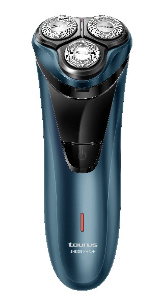 Una afeitadora eléctrica azul y negra. La afeitadora tiene tres cabezales giratorios. La marca es Taurus.
