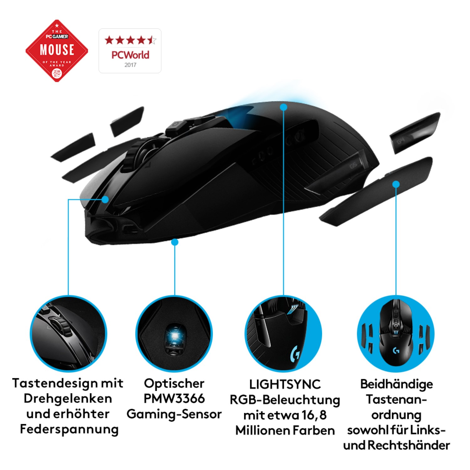 LOGITECH G903 Wireless Gaming Maus, Schwarz