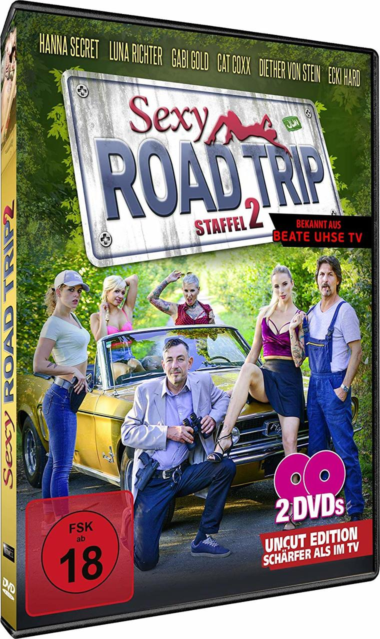 DVD-Hülle mit einer Gruppe von Leuten und einem gelben Auto. Der Titel lautet Sexy Road Trip 2.