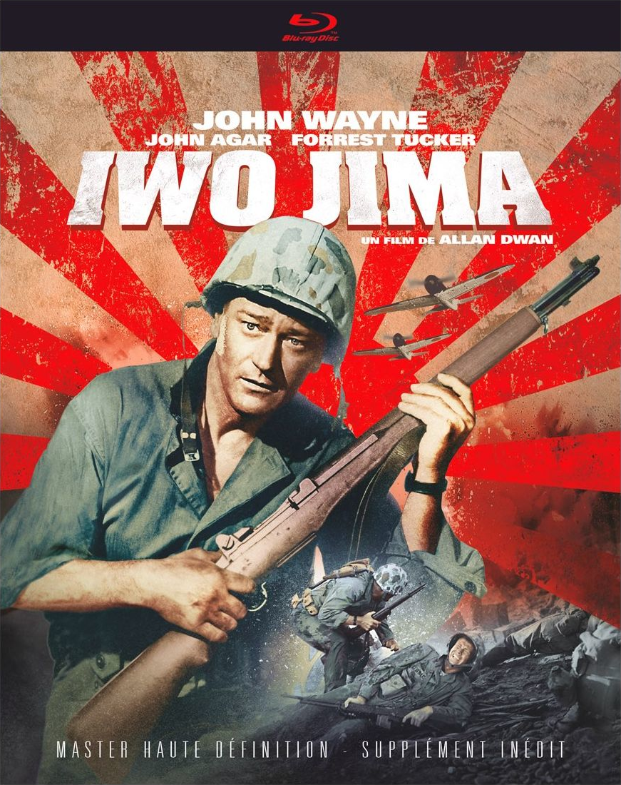 Couverture du film 'Iwo Jima' avec John Wayne. Un homme tenant un fusil avec un fond rouge et blanc.
