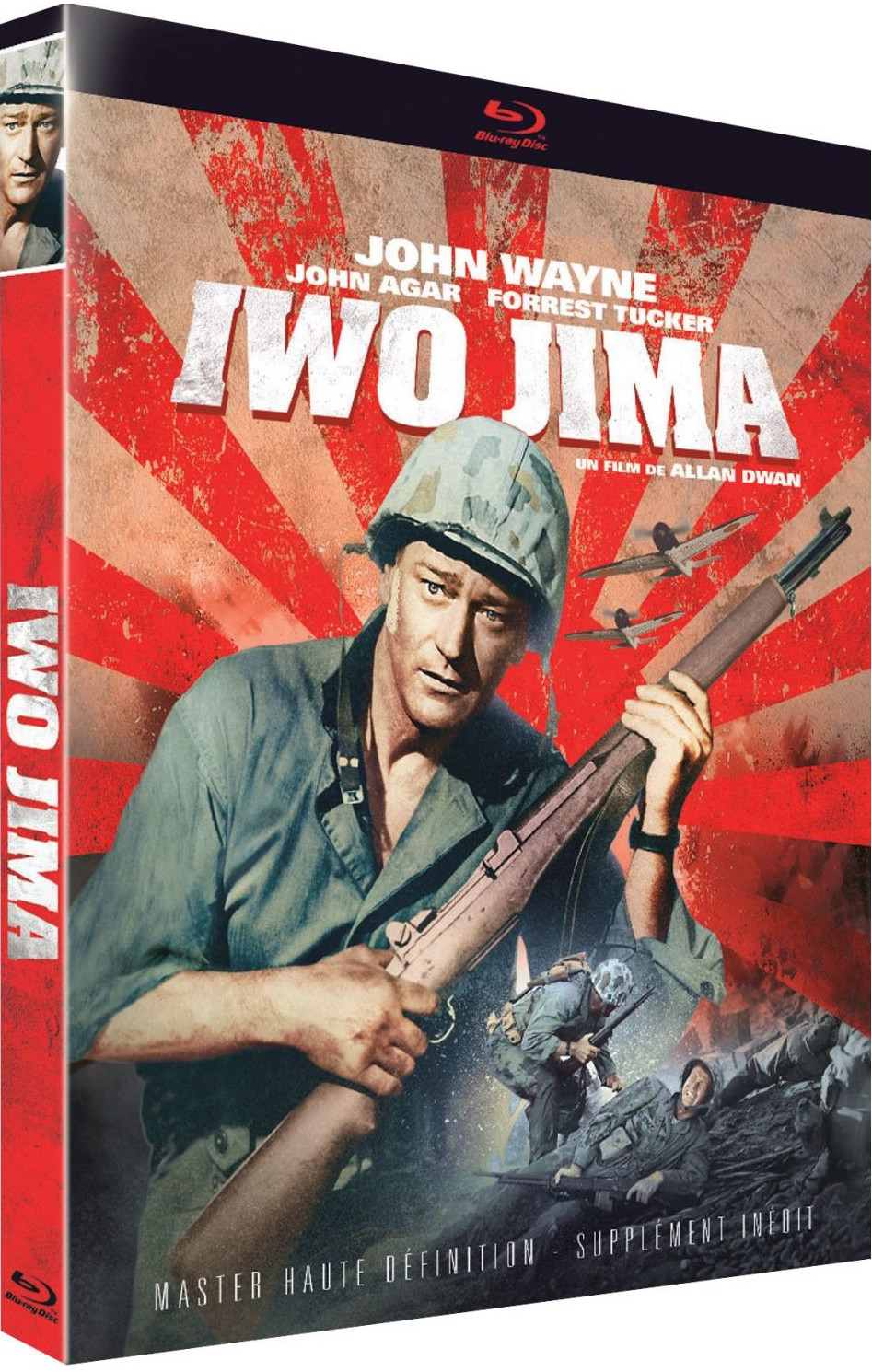 Couverture de film : John Wayne en uniforme, tenant un fusil, avec le titre 'Iwo Jima' et une scène de guerre.
