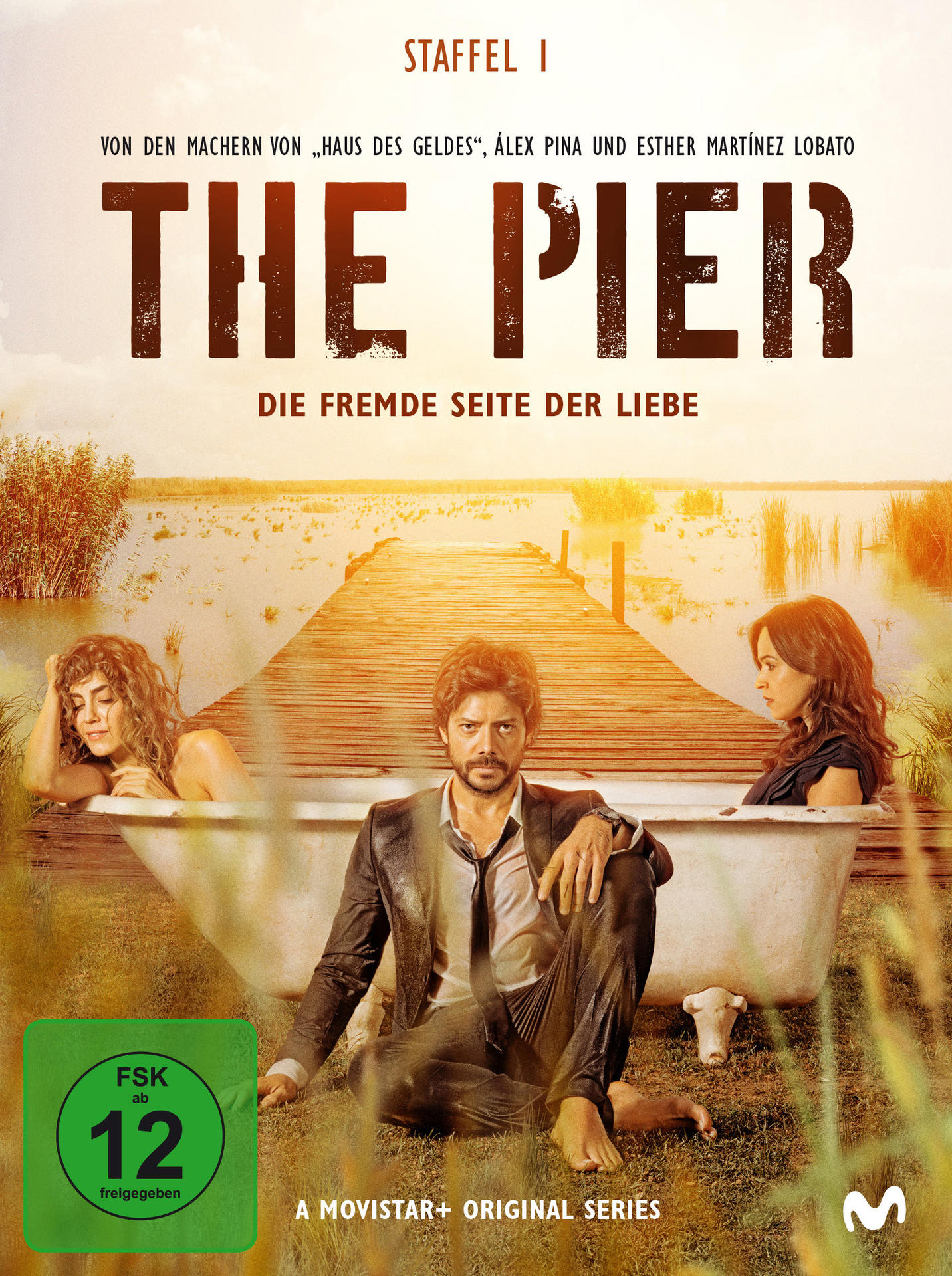 Filmposter für „The Pier“, eine spanische Fernsehserie, mit Schauspielern und einem Steg im Hintergrund.