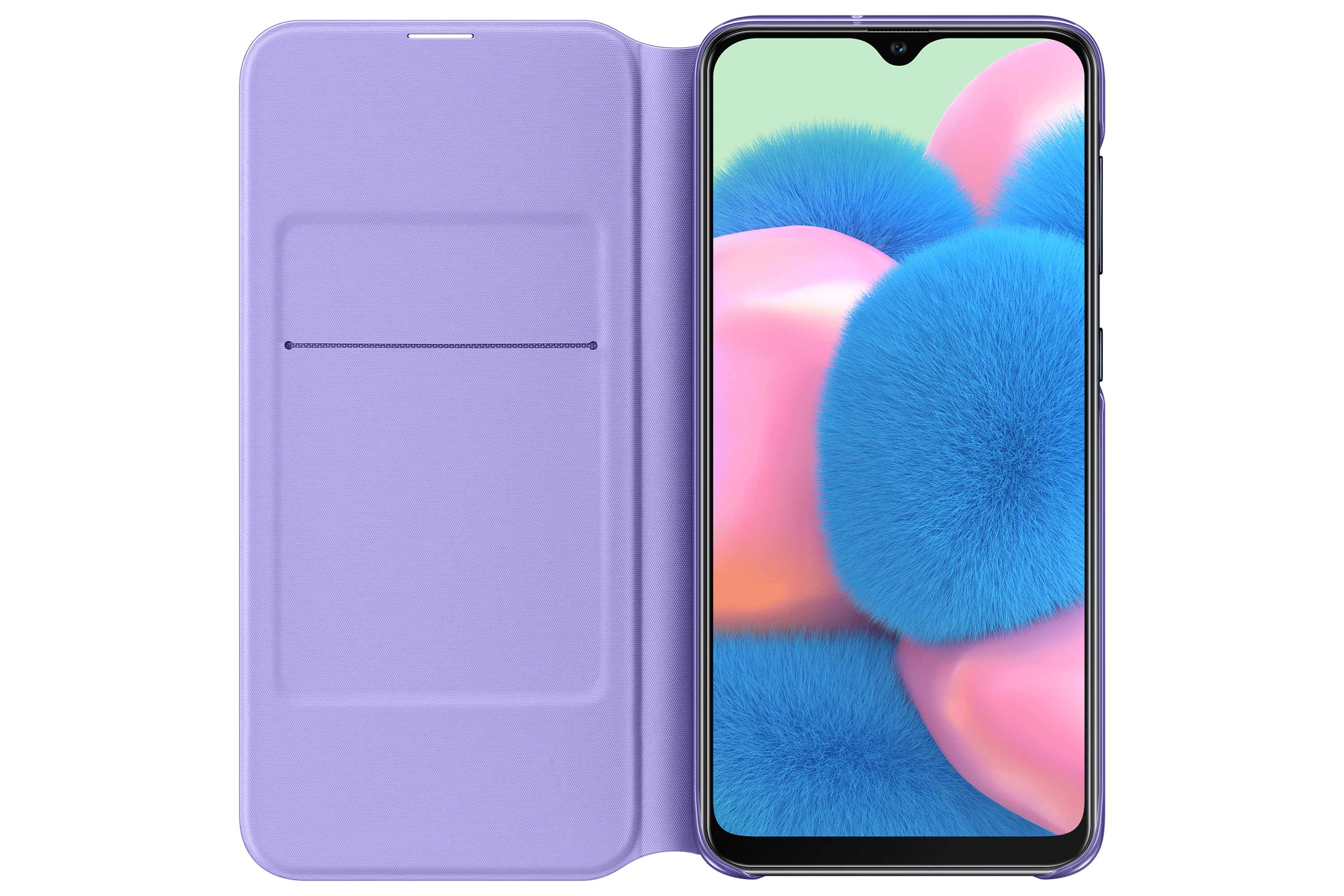 A purple phone case, open, with a phone showing colorful cloud graphics.