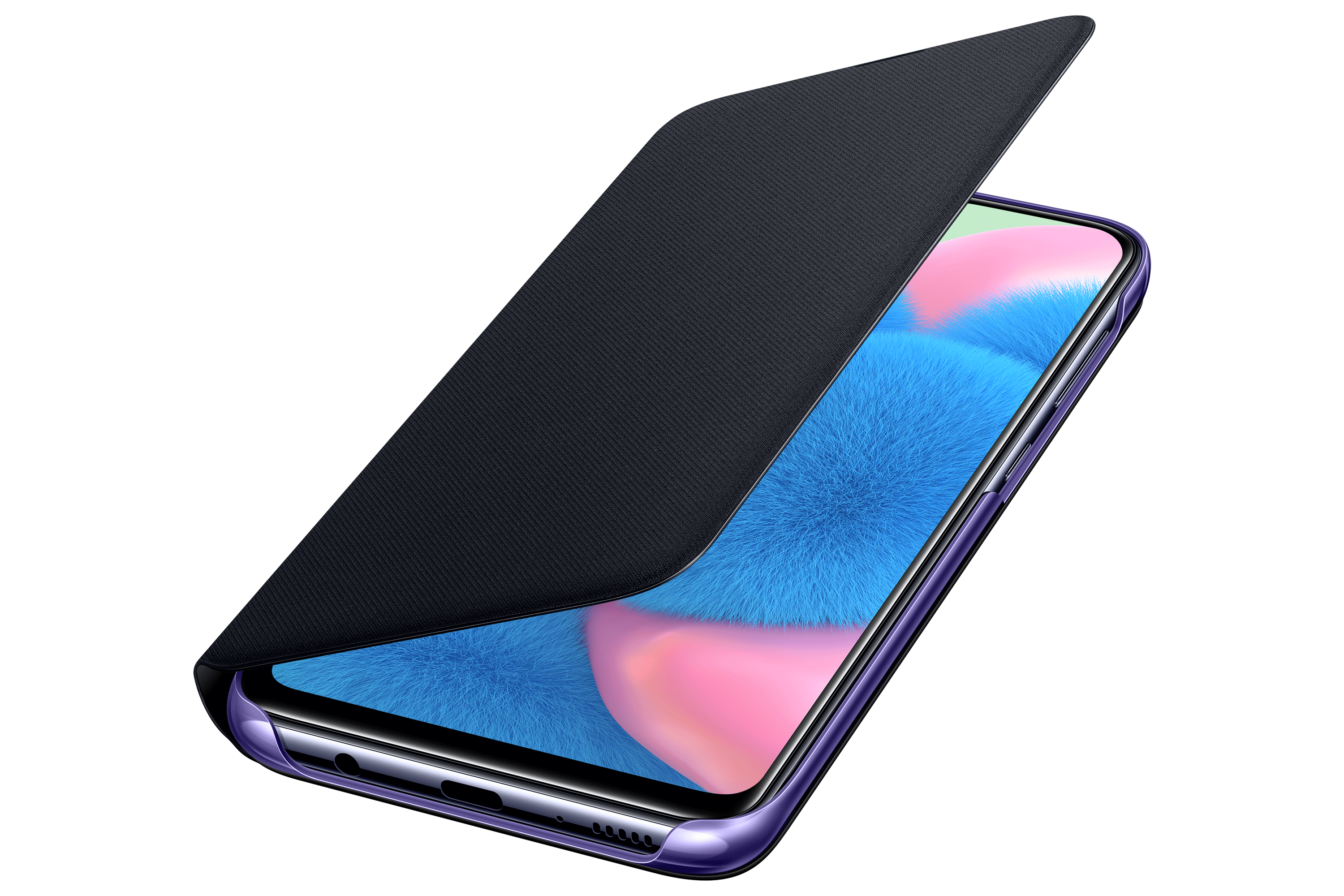 A purple phone with a cover opening, showing the screen, on a dark background.