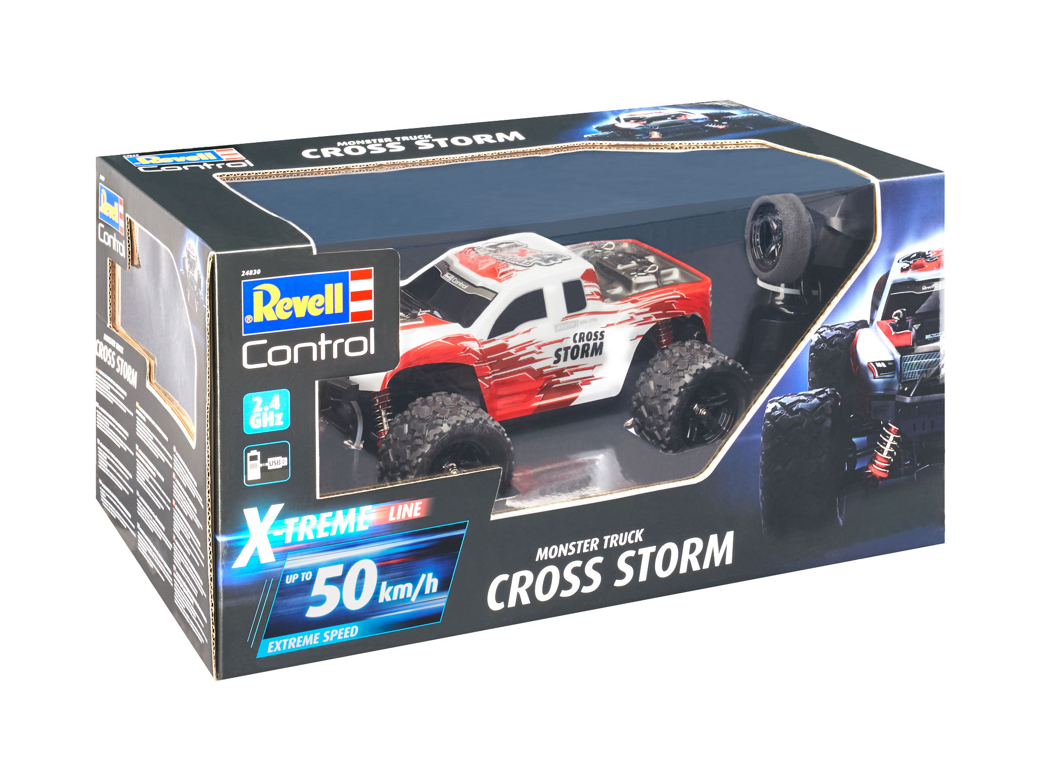 Box für ein "Monster Truck Cross Storm" Spielzeug. Der Truck ist rot und weiß, mit großen Reifen.