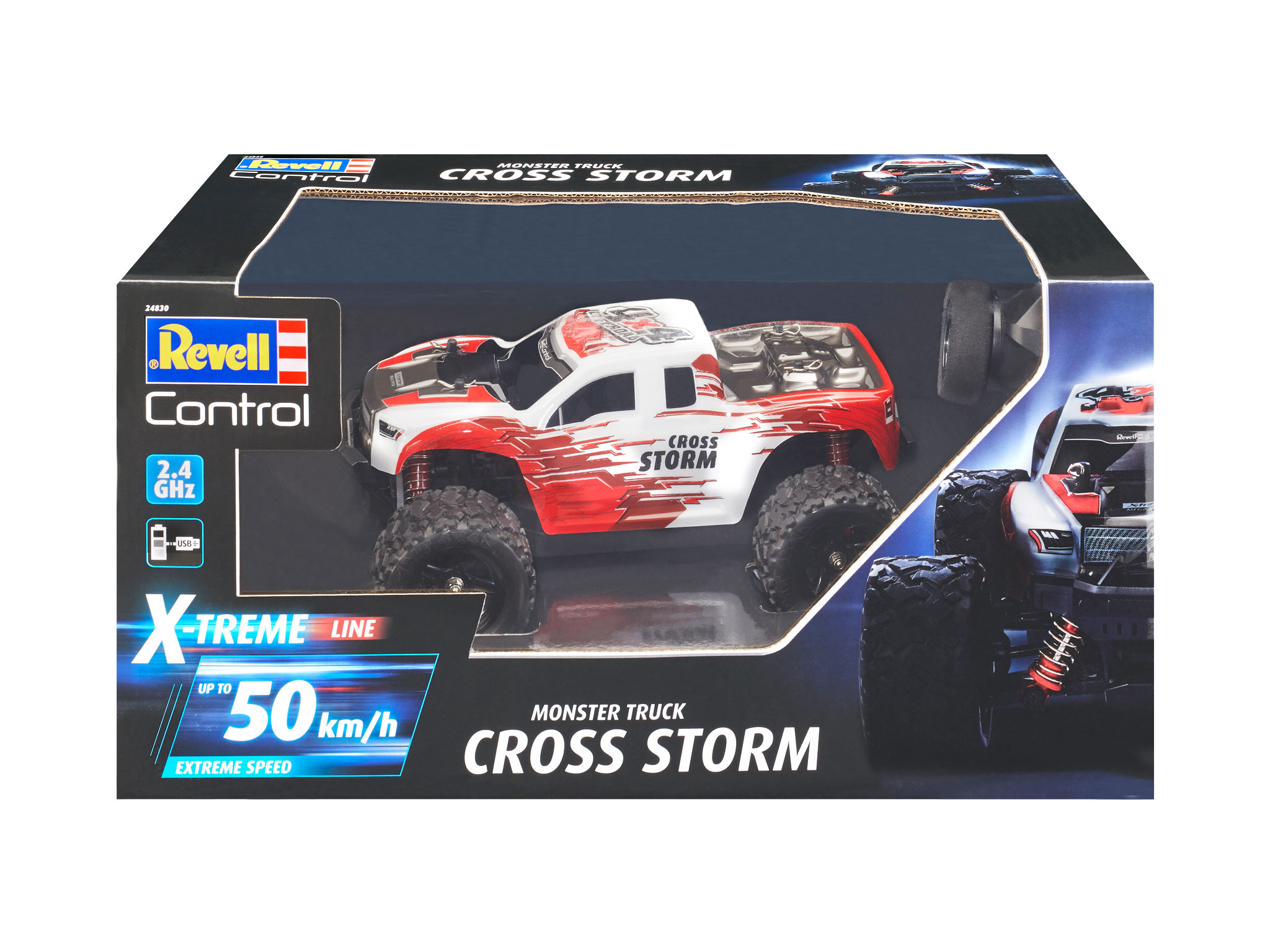 Ein Monstertruck-Spielzeug in einer Box mit rot-weißen Grafiken und dem Text 'Cross Storm'.