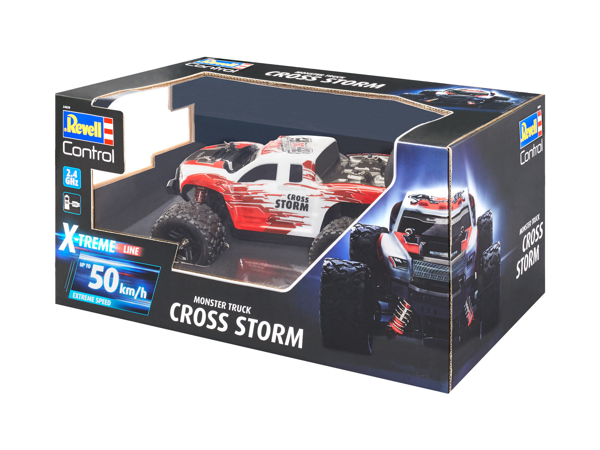 Ein Spielzeug-Monster-Truck in einer Box. Die Box hat Text, und der Truck ist rot und weiß. Die Box ist schwarz.