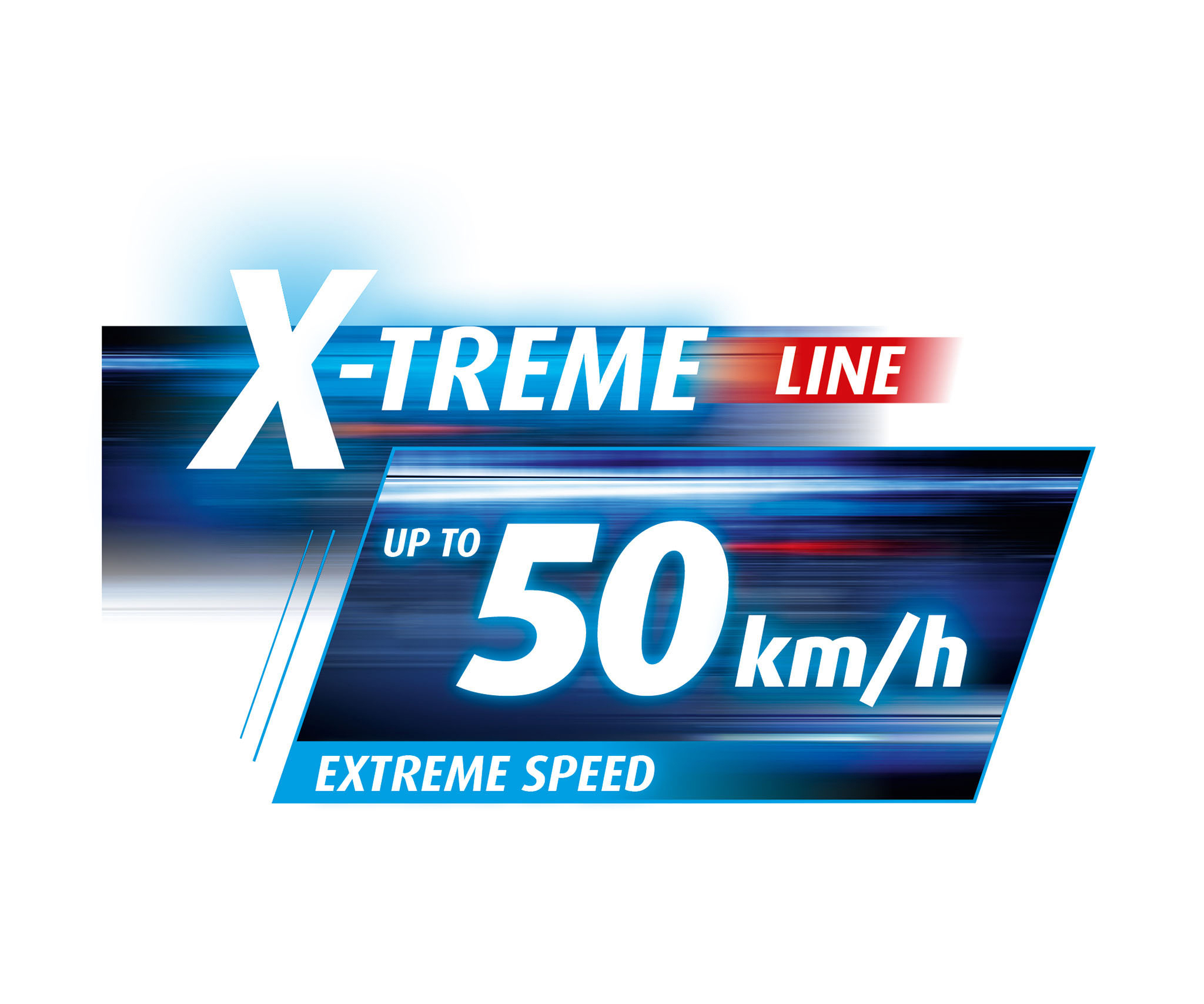 Logo mit 'X-TREME LINE' und 'UP TO 50 km/h' Text, mit blauen und roten Farbakzenten.