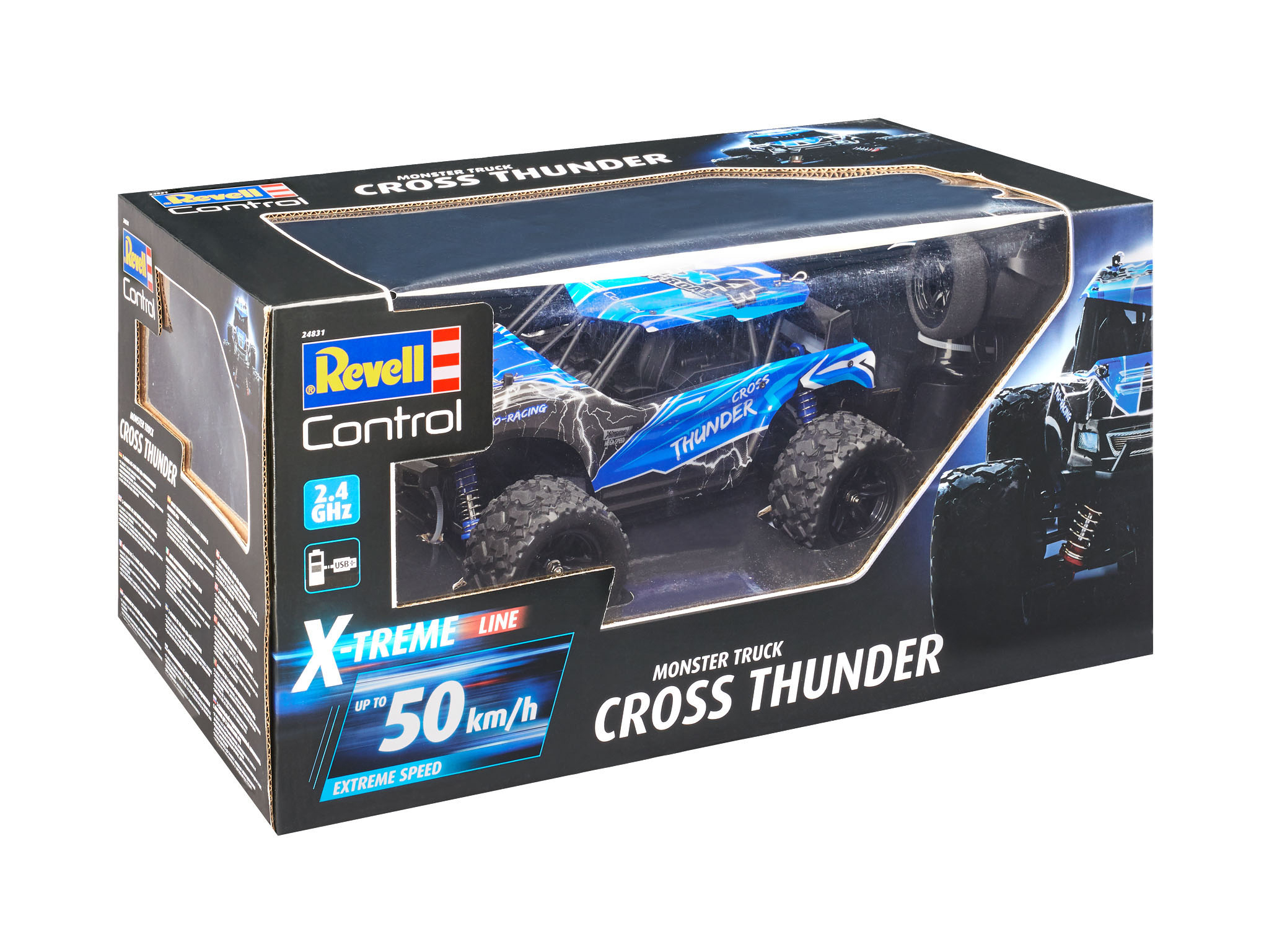 Eine Box mit einem Spielzeugauto darin, beschriftet mit 'Revell Control X-Treme Line'.