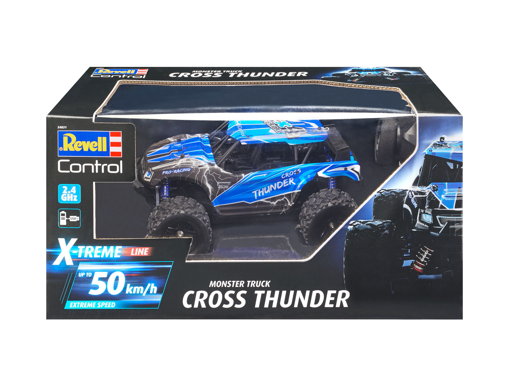 Monster-Truck-Spielzeug in einer Box, blau und schwarz mit weißem Text, 'Cross Thunder'.