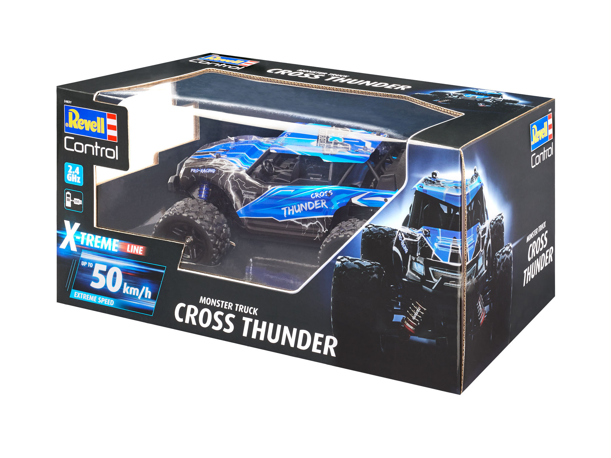 Ein Spielzeug-Monstertruck in einer Box. Die Box zeigt den Truck und Markendetails.