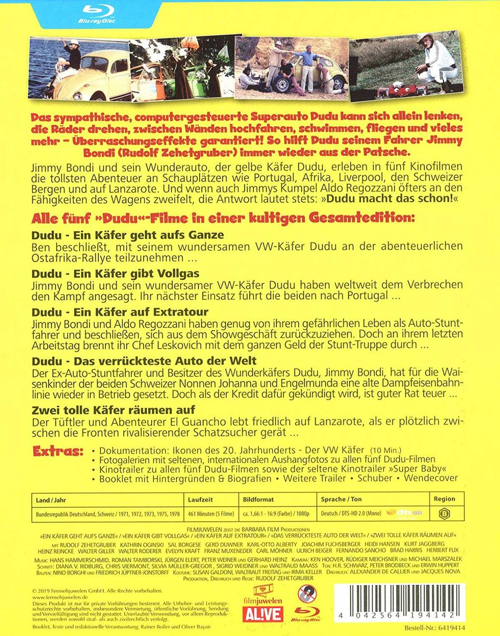 Rückseite einer DVD-Hülle mit Text und Bildern zum Film 'Dudu'.