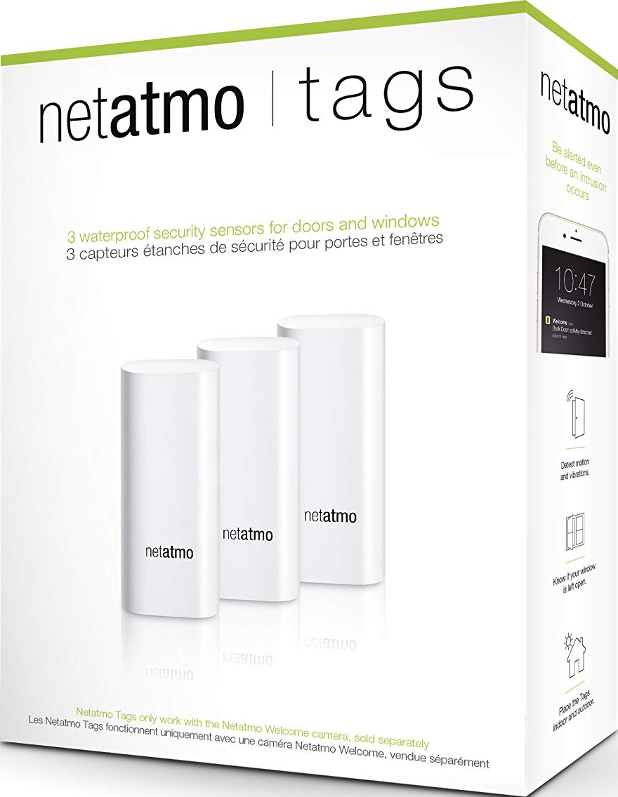 Tag Netatmo bianchi in una scatola con testo e immagini su sfondo bianco.