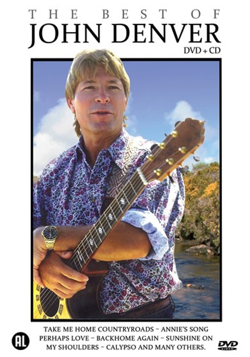 DVD-hoes van John Denver. Afbeelding van Denver met gitaar en titels van zijn liedjes.