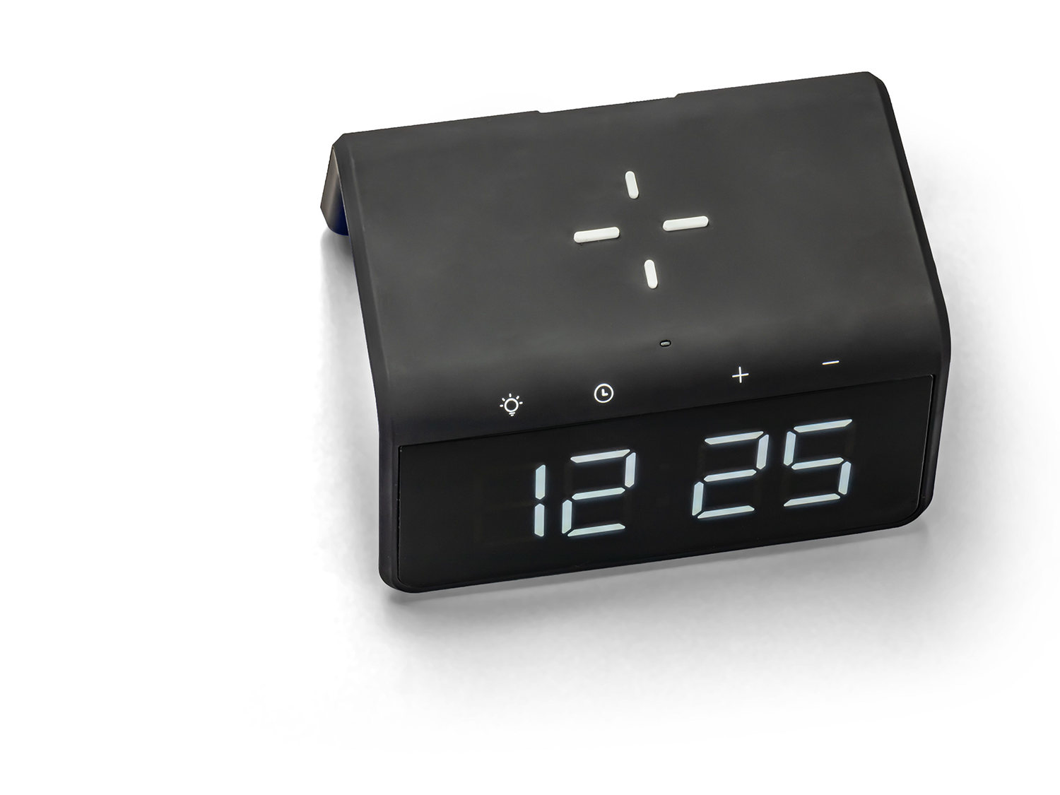 Black digital alarm clock with a white display, on a white background.