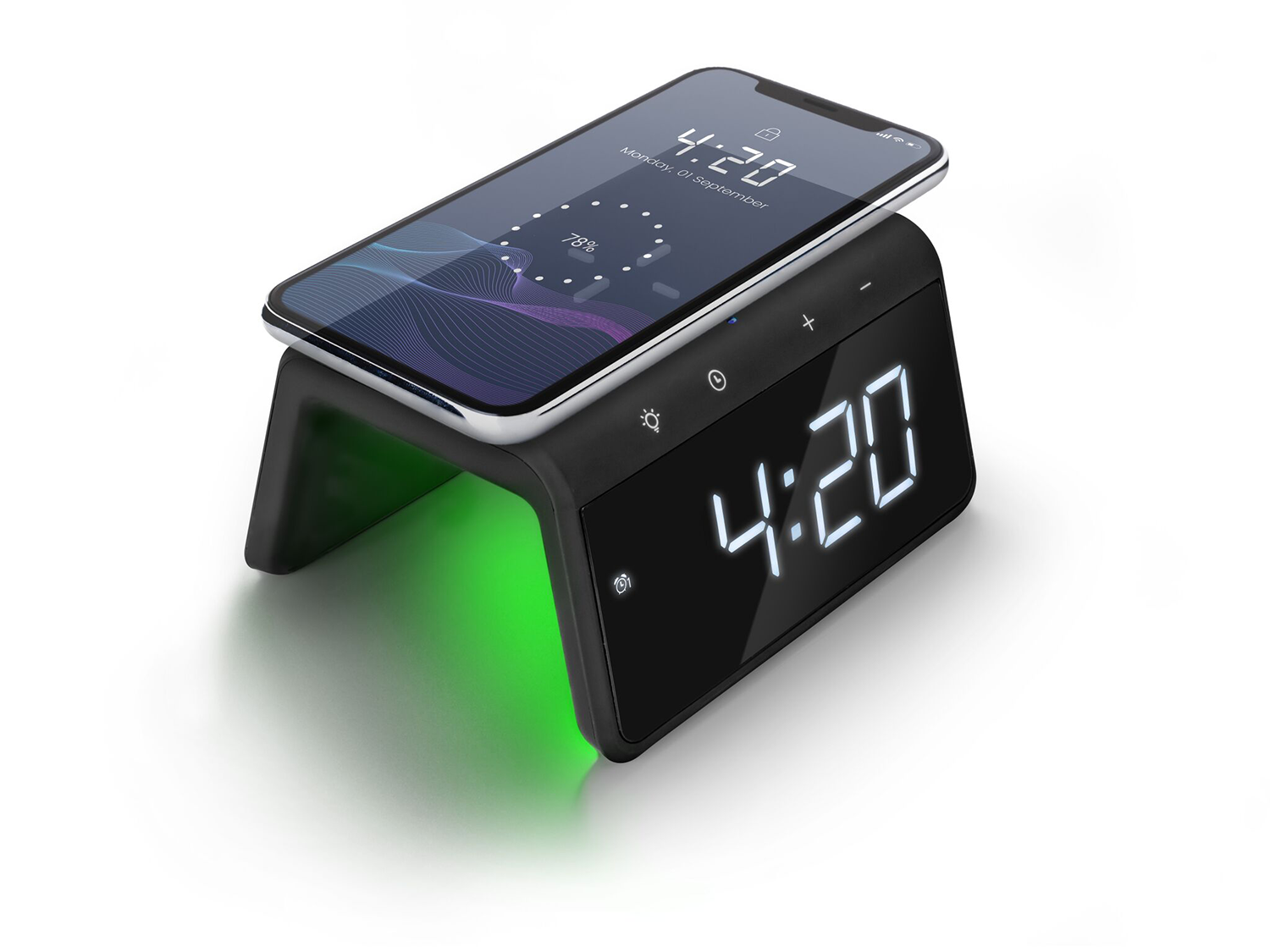 Black clock with a phone on top. Phone displays time and percentage. Green light.