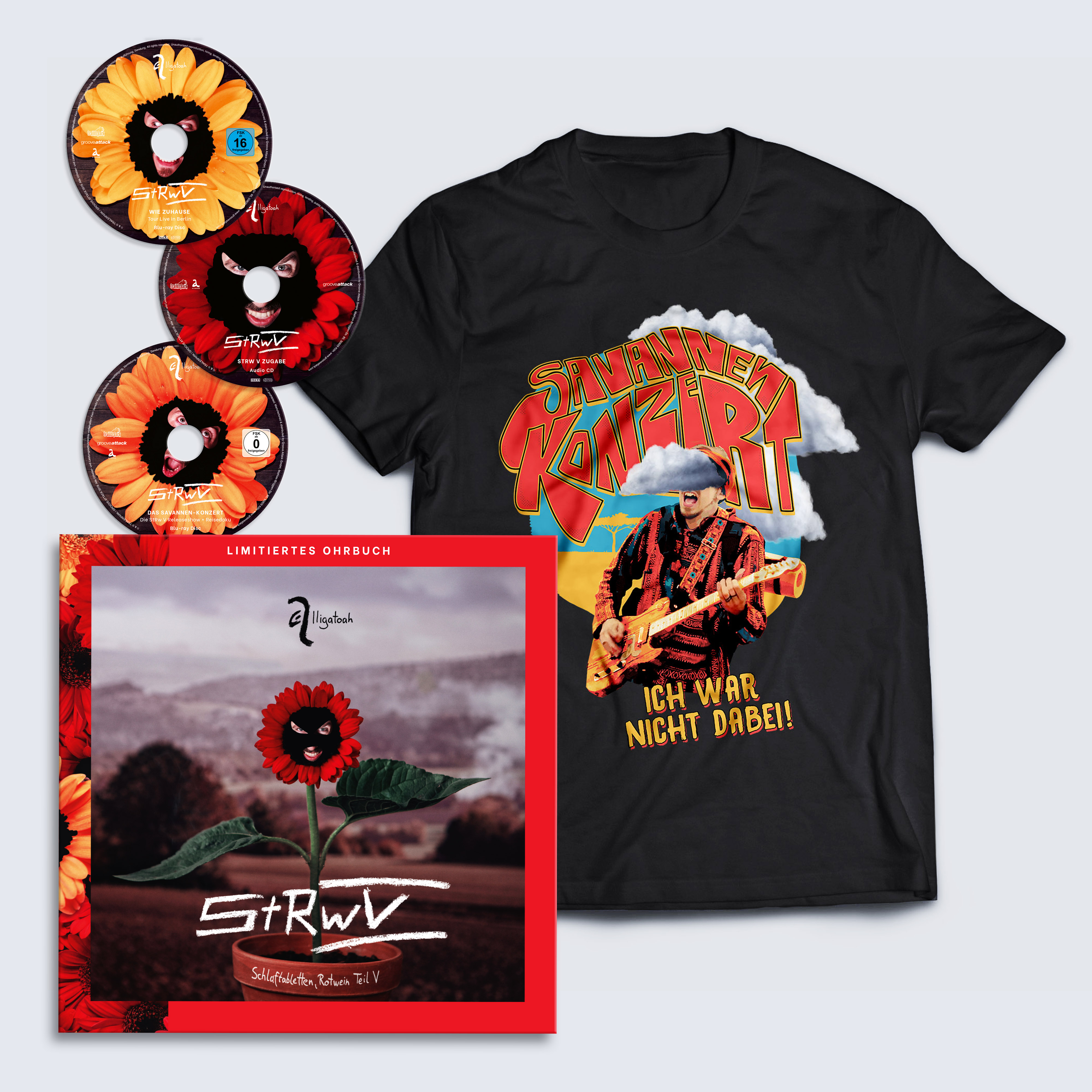 CDs, T-Shirt und Buch, alle mit StRwV-Thema, leuchtende Farben.