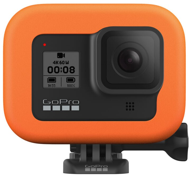Narancssárga GoPro kamera a tokjában, képernyővel, információkkal és gombokkal.