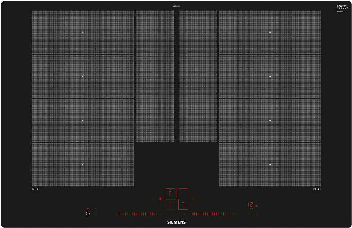 A black Siemens induction cooktop with multiple cooking zones and digital display.