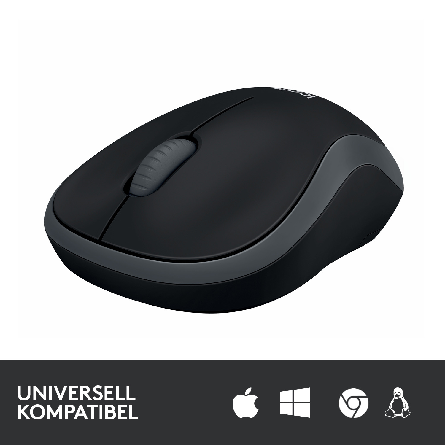 Schwarze kabellose Maus mit grauem Scrollrad. Weißer Hintergrund und Logos unten.