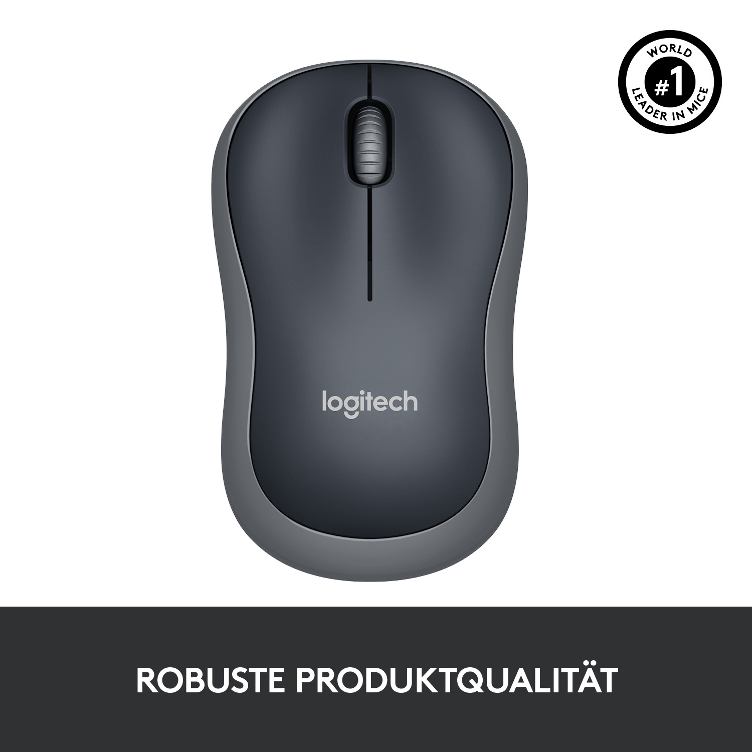 Draufsicht auf eine graue Logitech-Maus auf weißem Hintergrund.