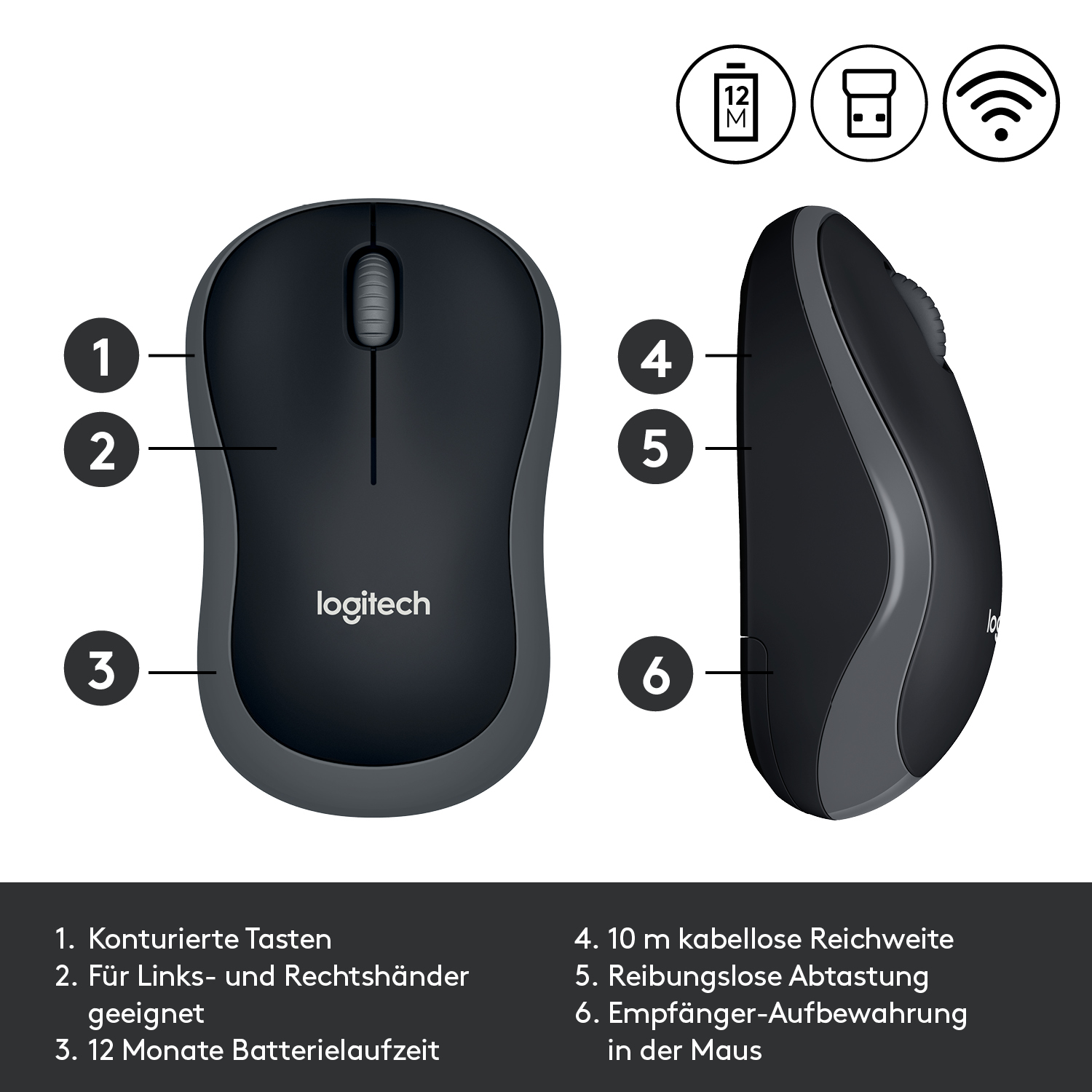 Kabellose Logitech-Maus mit nummerierten Merkmalen, schwarz und grau, auf weißem Hintergrund.