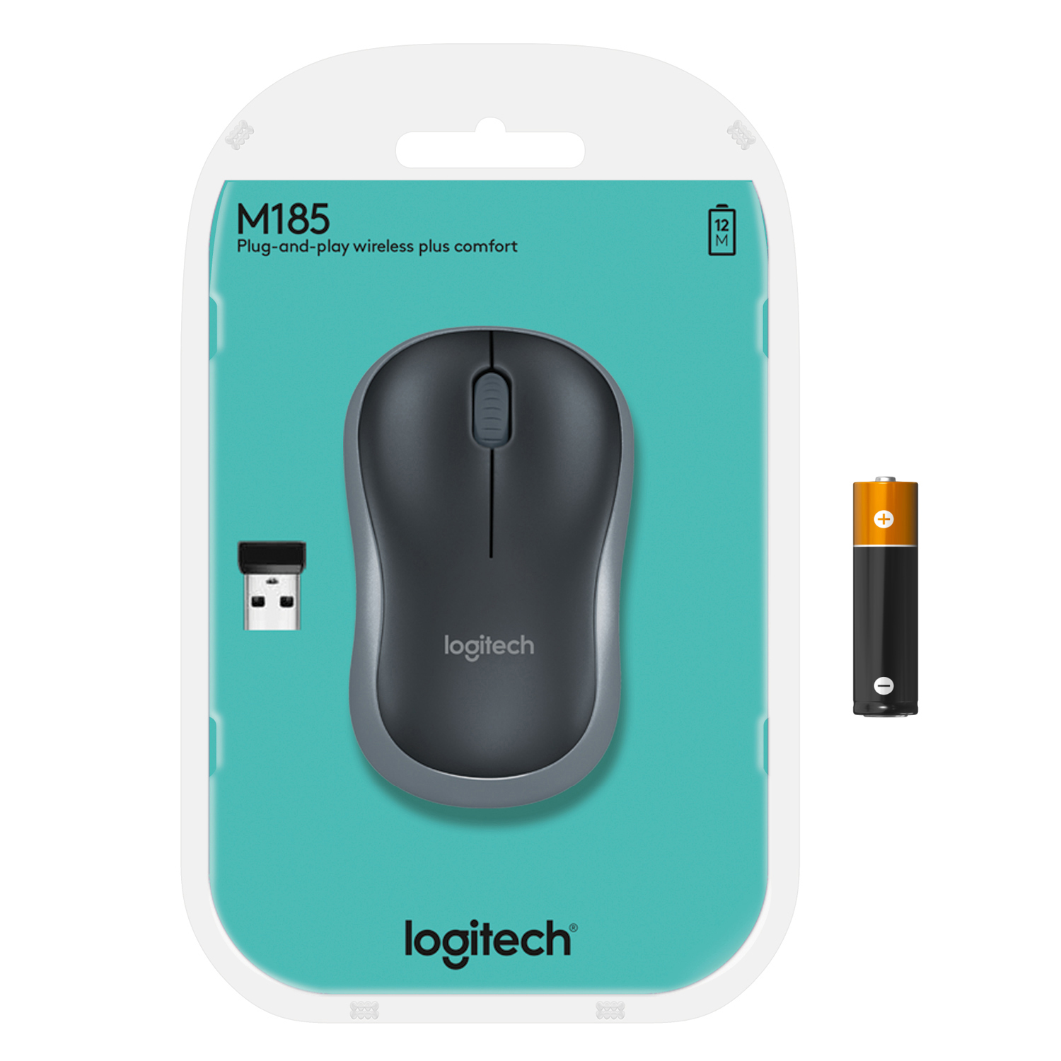 Logitech-Maus in einer Verpackung. Die Maus ist grau und schwarz. Rechts ist eine Batterie.