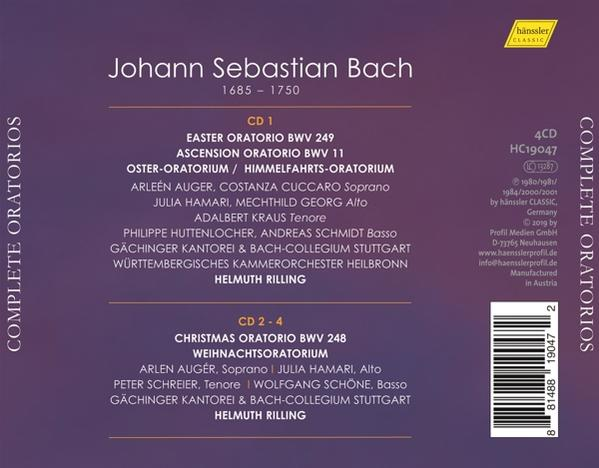Pochette de CD des Oratorios complets de Johann Sebastian Bach. Texte sur fond violet.