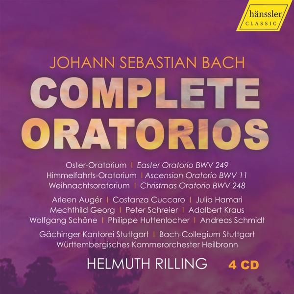 Pochette d'album pour Johann Sebastian Bach, Oratorios complets. Fond violet avec texte blanc, avec diverses compositions.