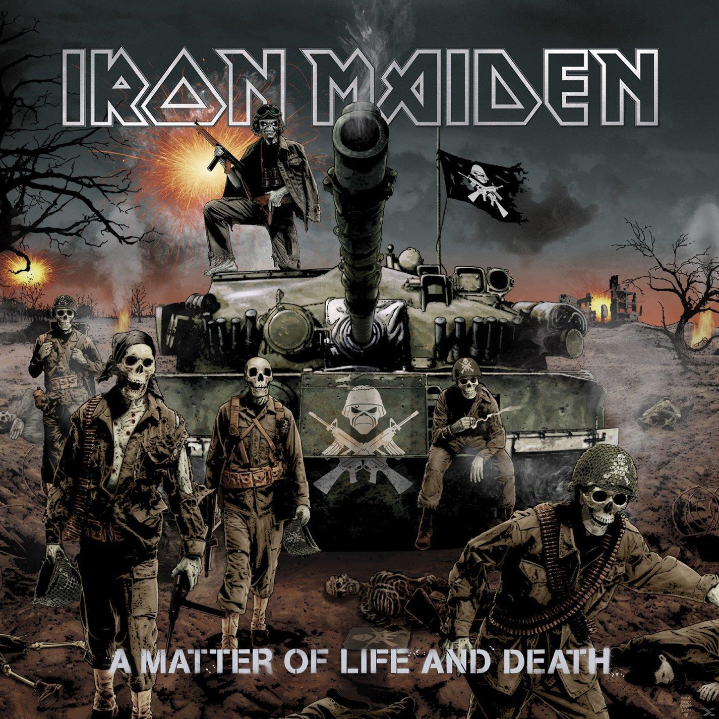 Album borító. Koponyás katonák, tank, robbanások és zászló. Cím: Iron Maiden.
