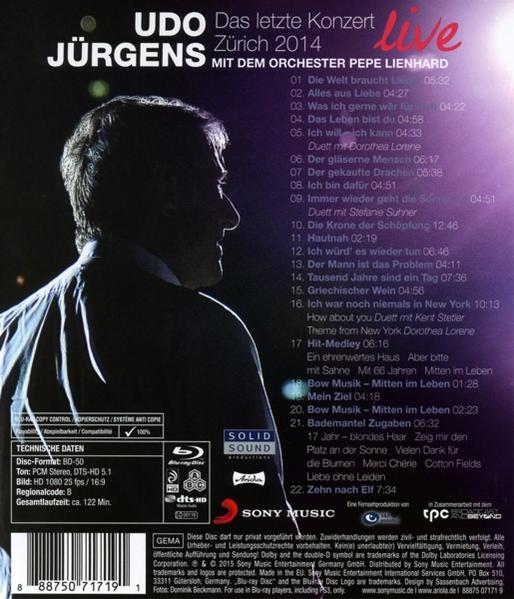 Albumcover von Udo Jürgens' Live-Konzert in Zürich 2014, mit Titelliste und Künstlerbild.