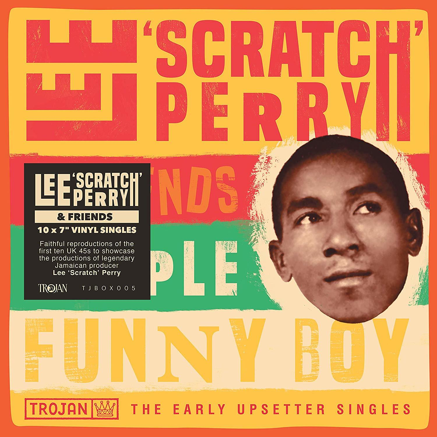 Albumcover mit Text 'Scratch Perry' und einem Porträt. Text in verschiedenen Farben auf gelbem Hintergrund.