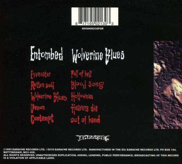 Albumcover mit Text und einer Titelliste. Die Band ist Entombed, das Album heißt Wolverine Blues.