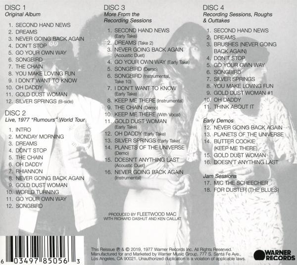 Albumcover mit Titellisten. Vier Discs mit Text, darunter 'Rumours' und 'Fleetwood Mac'.