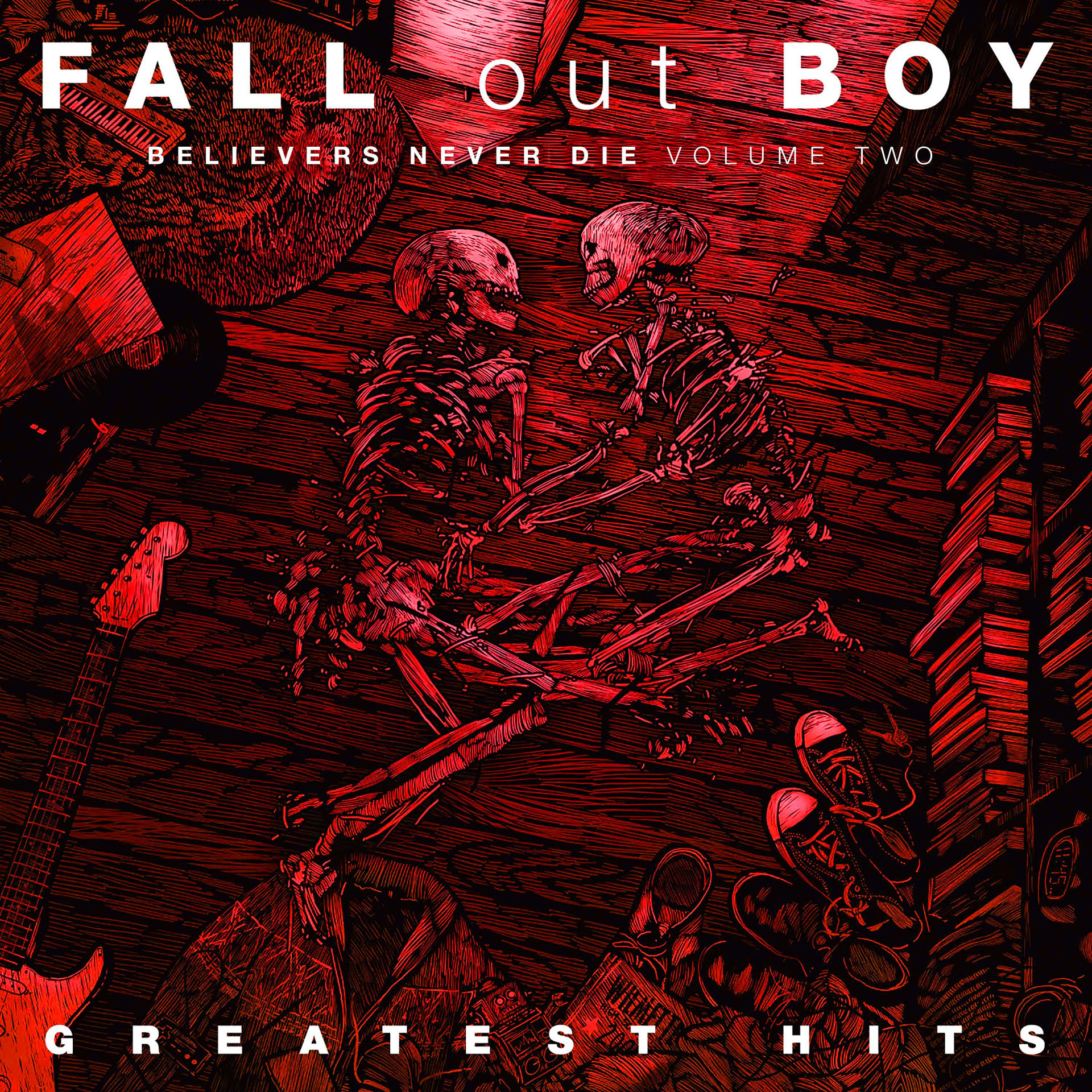 Fall Out Boy album borító: Ölelkező csontvázak, gitárok és cipők a fapadlón.