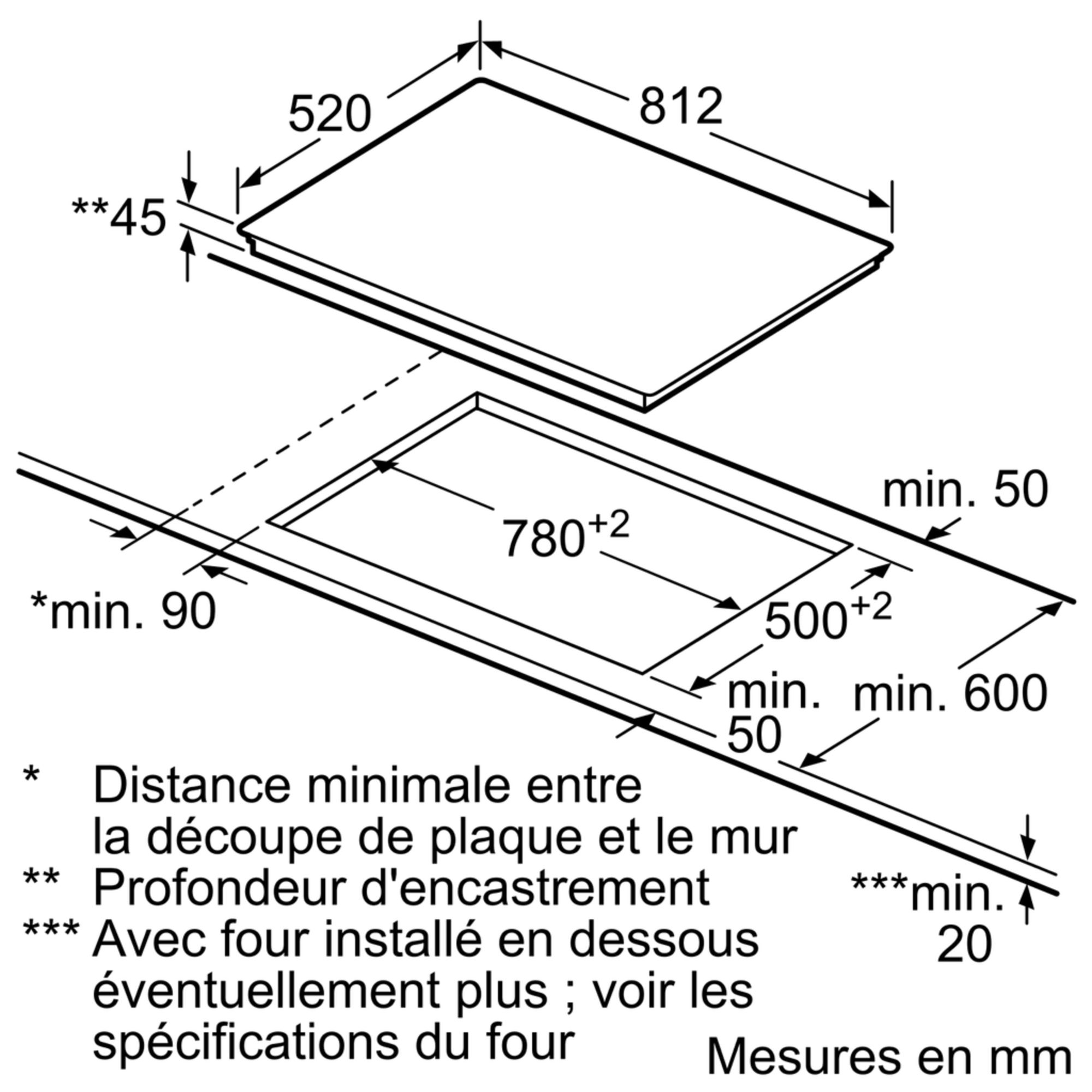 Schéma d'une table de cuisson avec dimensions, incluant les distances minimales du mur.