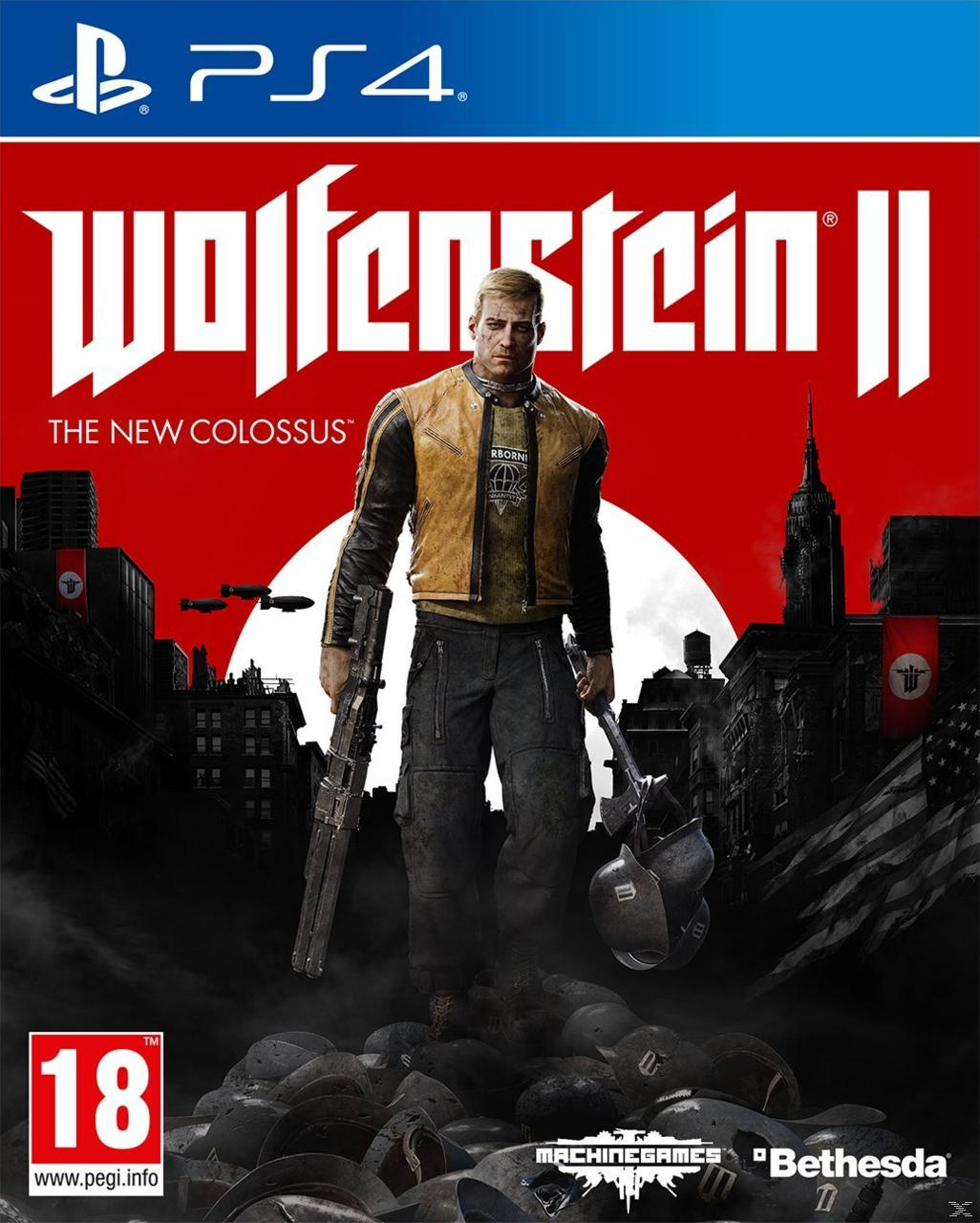 Portada del juego Wolfenstein II. Hombre con armas, fondo de ciudad, cielo rojo.
