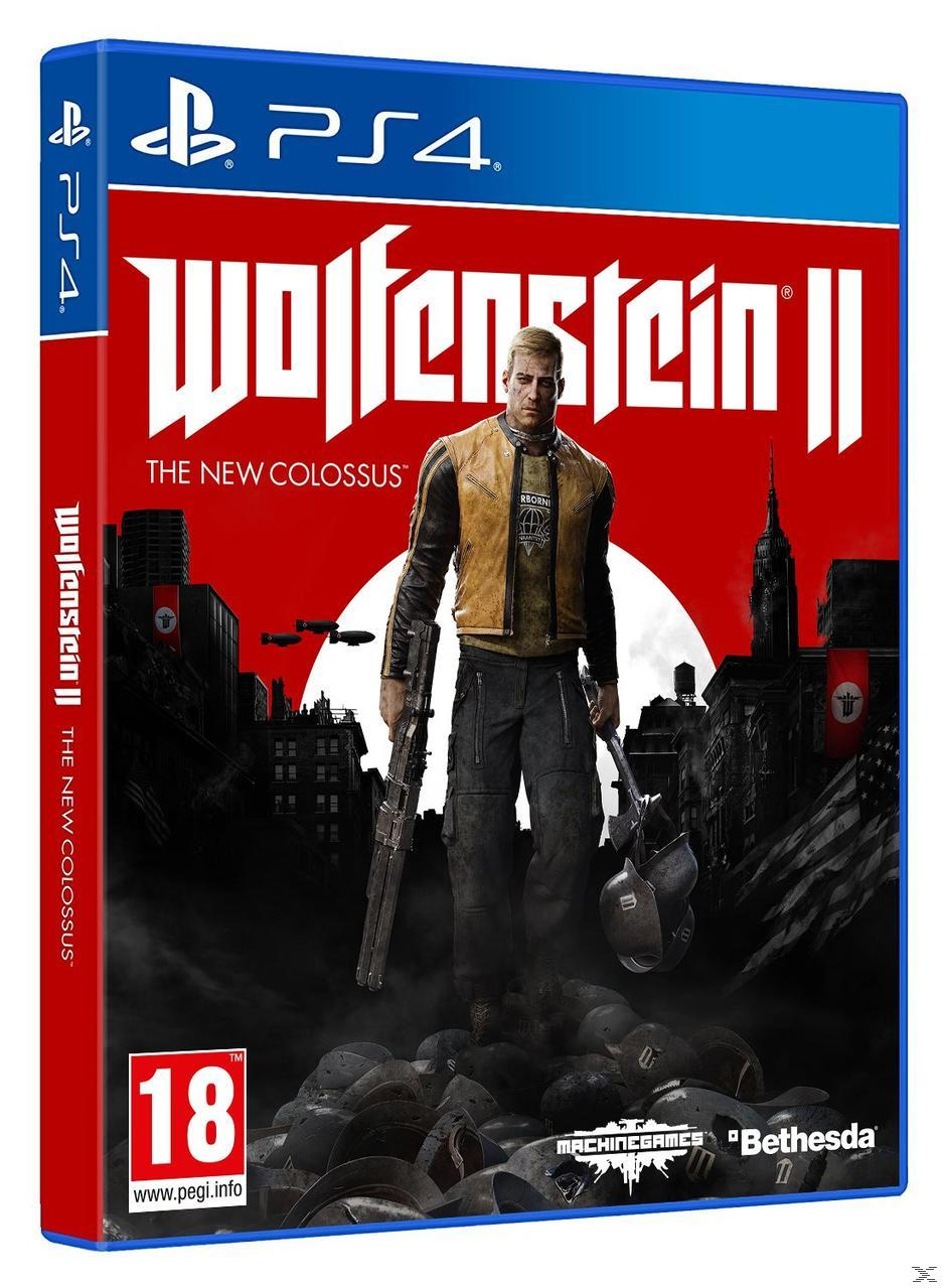 Caja de juego de PS4 para Wolfenstein II. Un hombre con un arma se encuentra frente a un fondo de ciudad.