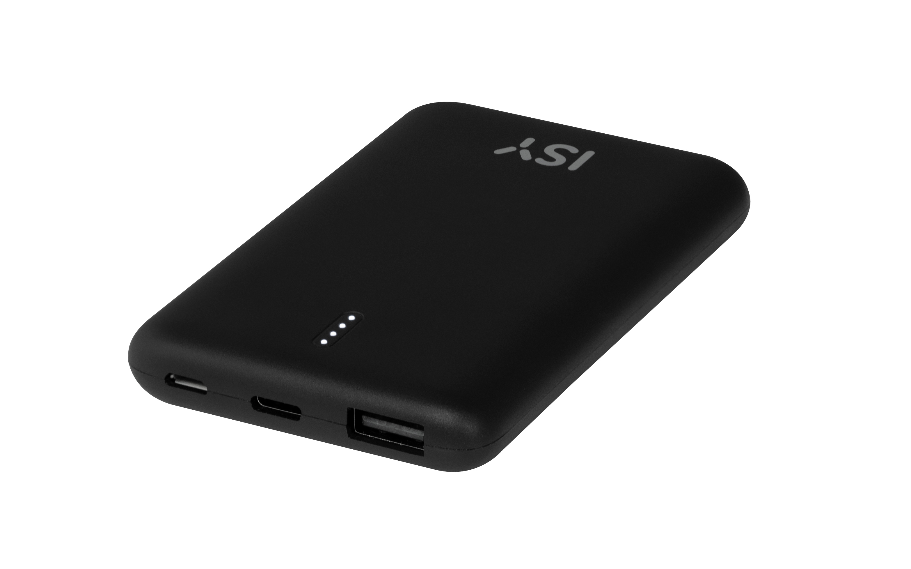 Schwarze Powerbank mit Ladeanschlüssen und Kontrollleuchten.