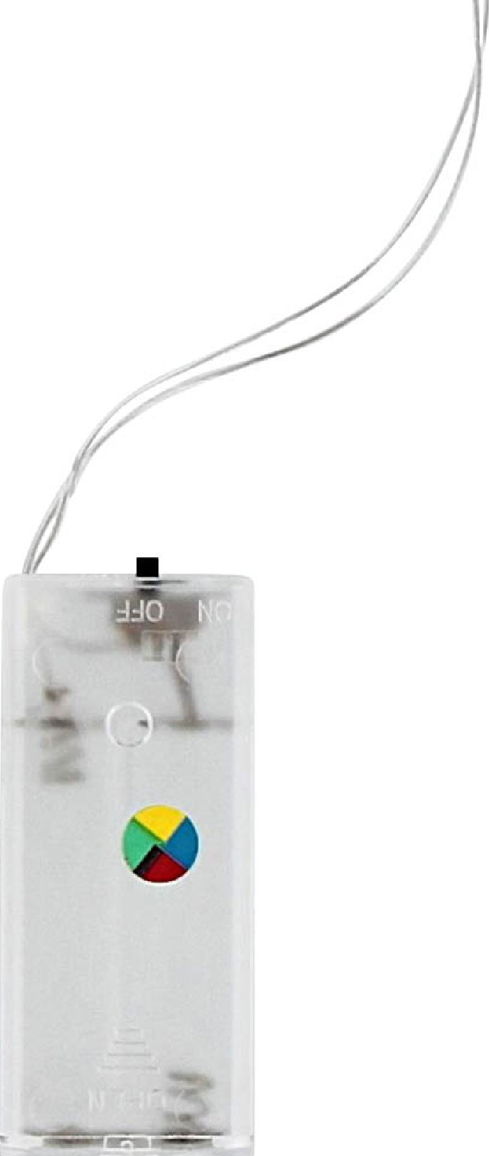 Transparenter Kunststoff-Batteriehalter mit mehrfarbigem Knopf. Drähte erstrecken sich von oben.