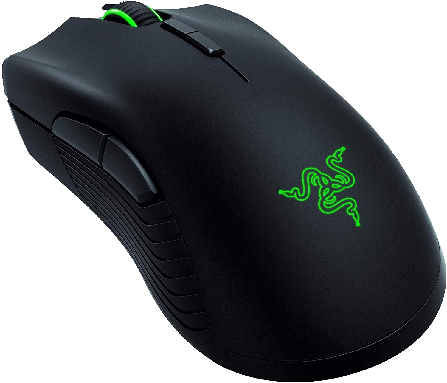 Fekete Razer gamer egér zöld díszítéssel. Oldalsó gombok, görgő és Razer logó található rajta.