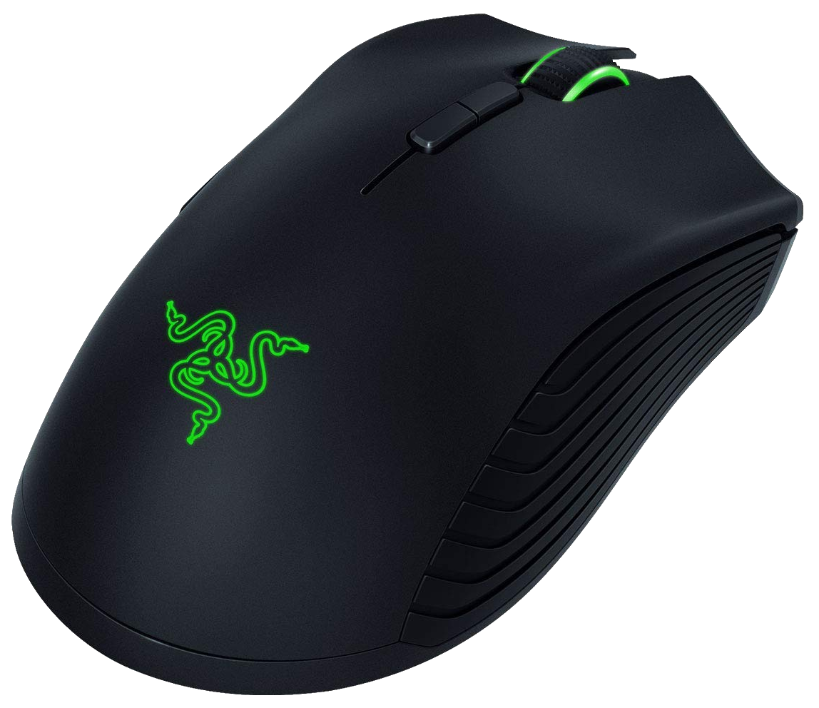 Fekete Razer gaming egér zöld logóval és görgővel. Vékony kialakítású, oldalsó markolattal és ergonomikus formával.
