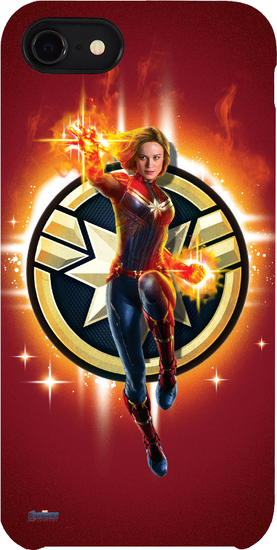 Egy telefontok Captain Marvel-lel. Ő pózol energialövésekkel.