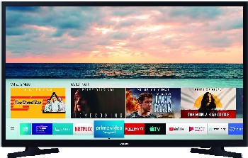 Un televisor negro que muestra una escena de playa con iconos de aplicaciones de transmisión en la parte inferior.