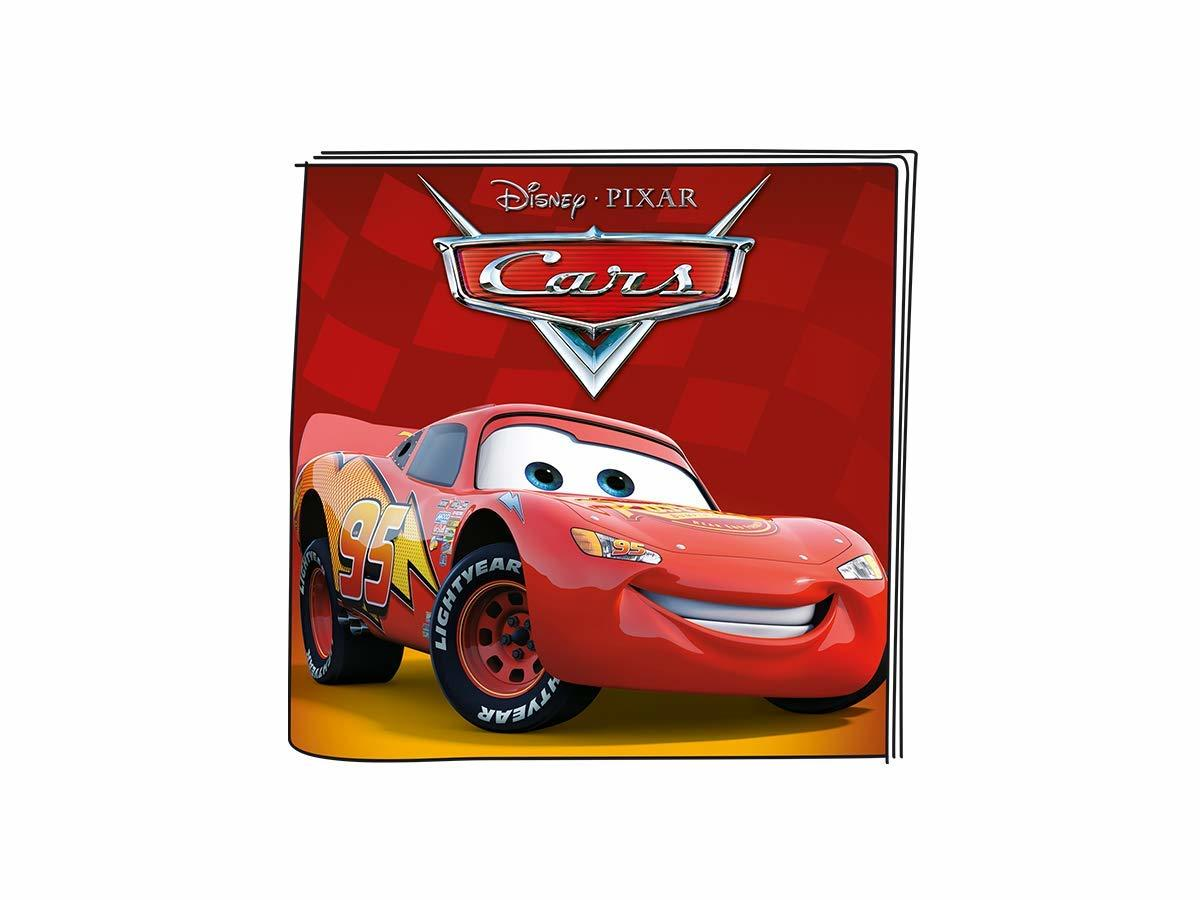 Ein roter Pixar Cars-Buchumschlag mit Lightning McQueen. Der Hintergrund ist rot und kariert.