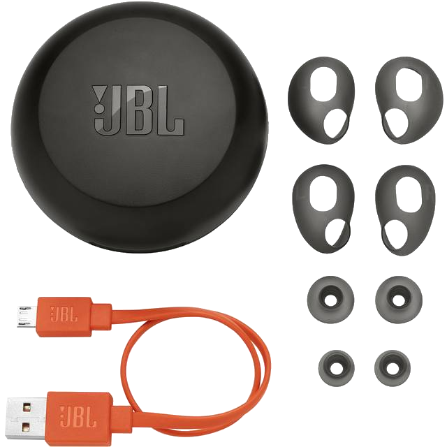 JBL fekete fülhallgató tok, fülhallgató végek és USB töltőkábel.