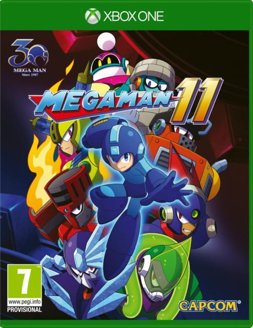 Mega Man 11 játék borítója. Több karakter akcióban, zöld és piros háttérrel.
