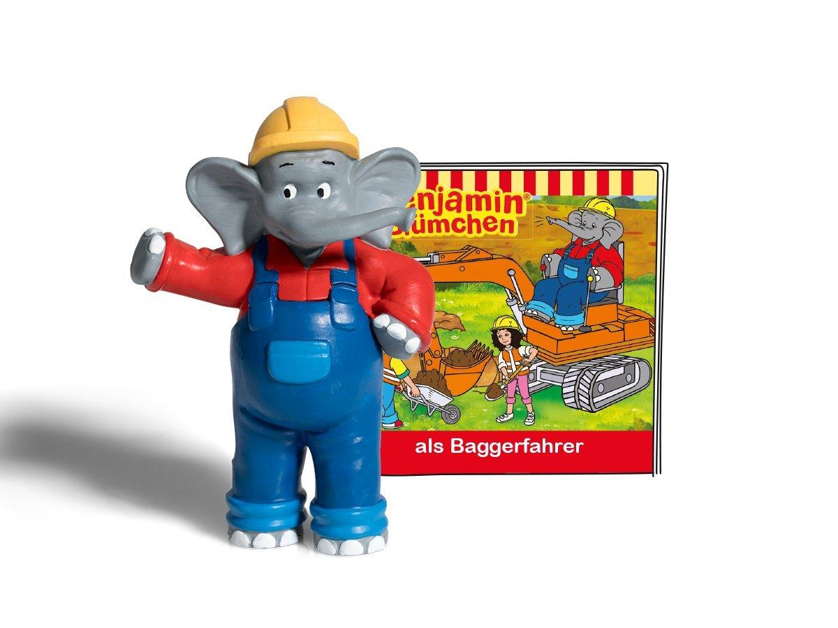 Spielzeug-Elefant mit Bauhelm und Latzhose, und eine Baustellen-Illustration.