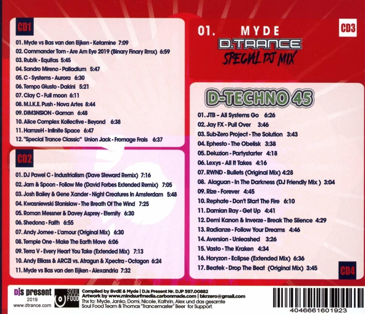 CD-Cover mit Titellisten für Myde D. Trance Special DJ Mix und D-Techno 45.