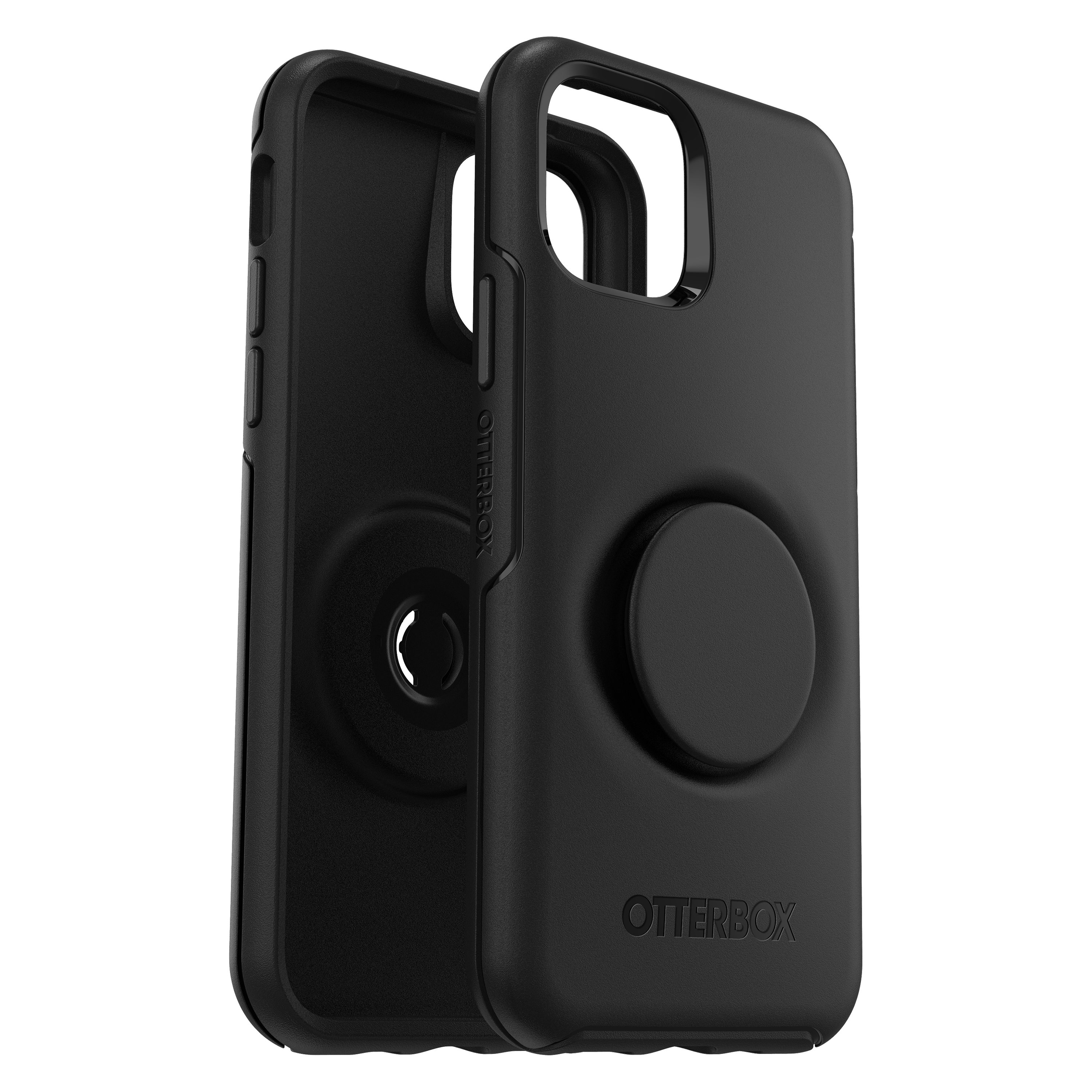 Schwarze Otterbox-Handyhülle mit PopSocket. Ein Teil ist offen und zeigt das Innere.